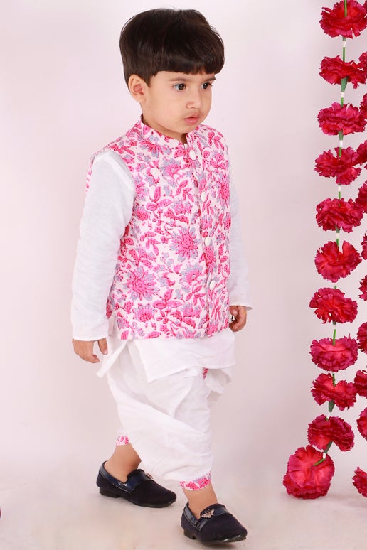 Kurta Dhoti With Pink Jacket - Mitthu Kids Ethnic Wear