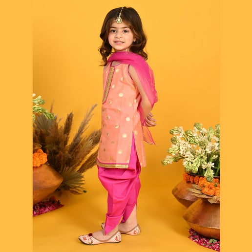 Peach & Magenta Festive Dhoti Kurta For Girls - Mitthu Kids Ethnic Wear