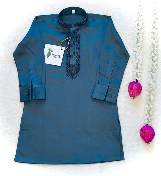 Steel Blue Color Kurta Pyjama - Mitthu Kids Ethnic Wear