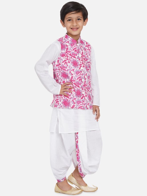Kurta Dhoti With Pink Jacket - Mitthu Kids Ethnic Wear