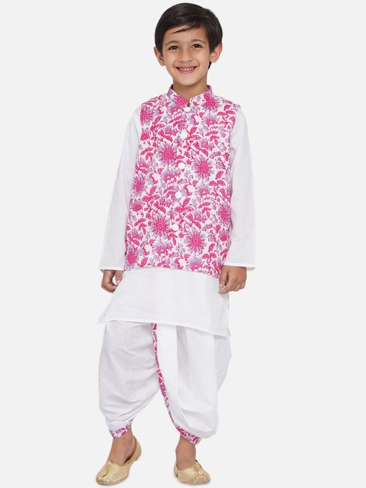 Kurta Dhoti With Pink Jacket - Mitthu Kids Ethnic Wear