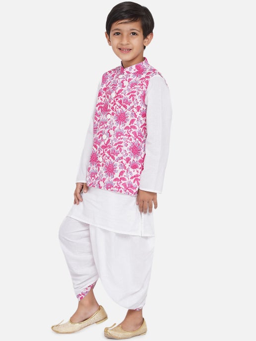 Kurta Dhoti With Pink Jacket - Mitthu Kids Ethnic Wear