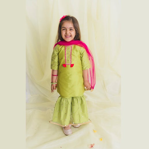 Girl Neon Green Kurta With Sharara & Dupatta - Mitthu Kids Ethnic Wear
