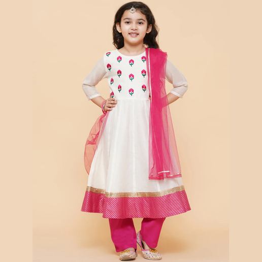 Girls White Embroidered Anarkali Kurta With Trouser & With Dupatta - Mitthu Kids Ethnic Wear
