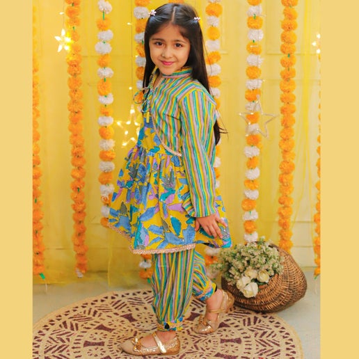 Girls Yellow & Blue Floral Printed Kurta With Afghani Pants & Jacket & Dupatta - Mitthu Kids Ethnic Wear