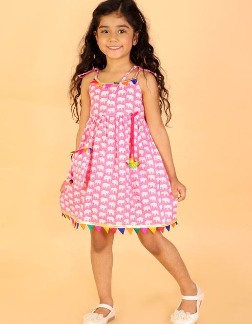 Pancham Frock Pink With Bag - Mitthu Kids Ethnic Wear