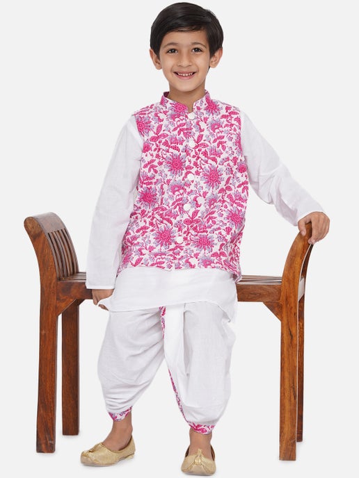 Kurta Dhoti With Pink Jacket - Mitthu Kids Ethnic Wear