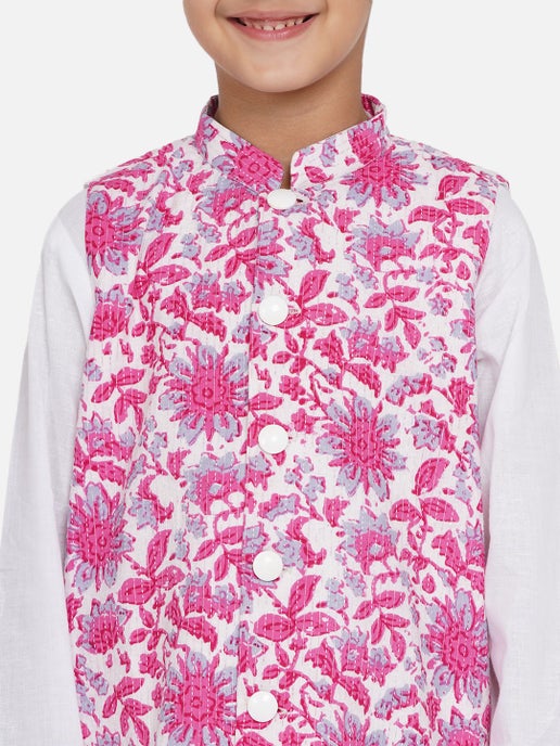 Kurta Dhoti With Pink Jacket - Mitthu Kids Ethnic Wear