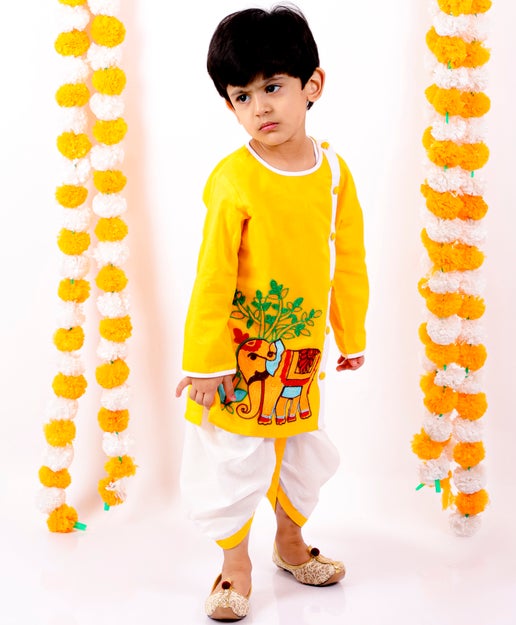 Elephant Print Kurta Dhoti - Mitthu Kids Ethnic Wear