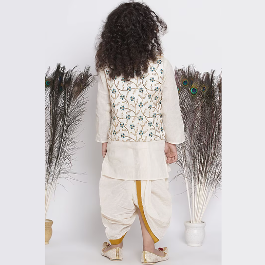 Banarsi Floral Embroidery Jacket with Cotton Kantha kurta and Kantha Dhoti - Mitthu Kids Ethnic Wear