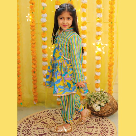 Girls Yellow & Blue Floral Printed Kurta With Afghani Pants & Jacket & Dupatta - Mitthu Kids Ethnic Wear