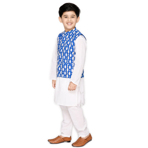 Boy's Fish Printed Cotton Jacket with Kurta & Pyjamas - Blue & White - Mitthu Kids Ethnic Wear