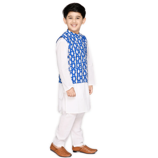 Boy's Fish Printed Cotton Jacket with Kurta & Pyjamas - Blue & White - Mitthu Kids Ethnic Wear