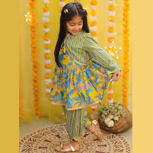 Girls Yellow & Blue Floral Printed Kurta With Afghani Pants & Jacket & Dupatta - Mitthu Kids Ethnic Wear