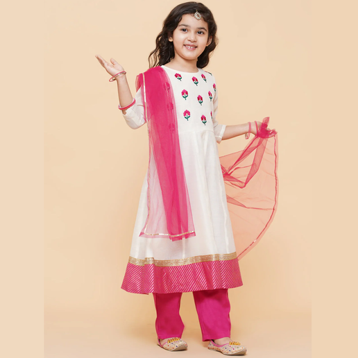 Girls White Embroidered Anarkali Kurta With Trouser & With Dupatta - Mitthu Kids Ethnic Wear