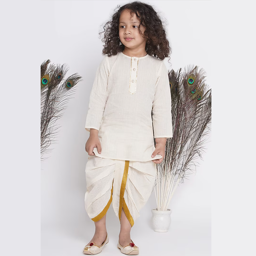 Banarsi Floral Embroidery Jacket with Cotton Kantha kurta and Kantha Dhoti - Mitthu Kids Ethnic Wear