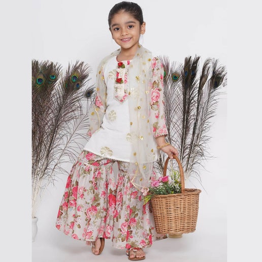 Embroidered Kameez with Floral Printed Sharara & Net Dupatta - Infant - Mitthu Kids Ethnic Wear
