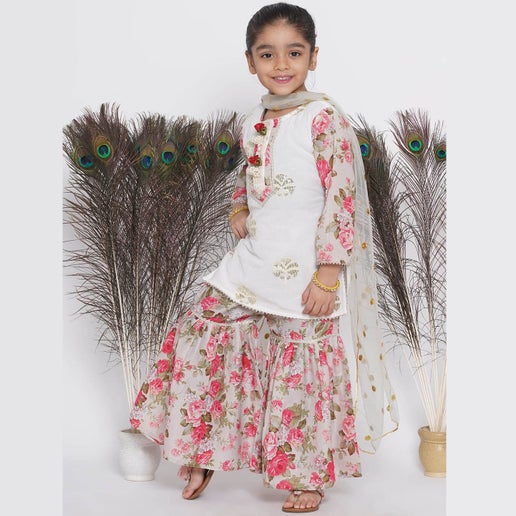 Embroidered Kameez with Floral Printed Sharara & Net Dupatta - Infant - Mitthu Kids Ethnic Wear