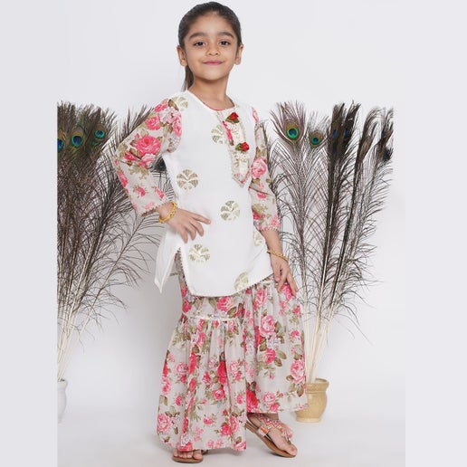 Embroidered Kameez with Floral Printed Sharara & Net Dupatta - Infant - Mitthu Kids Ethnic Wear