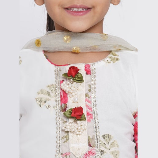 Embroidered Kameez with Floral Printed Sharara & Net Dupatta - Infant - Mitthu Kids Ethnic Wear
