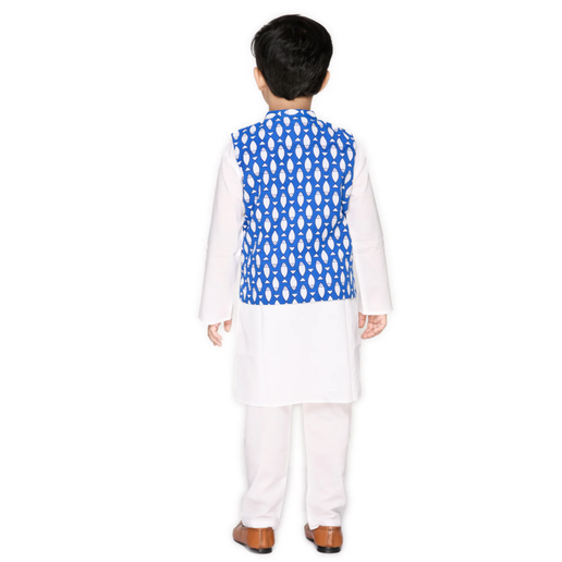 Boy's Fish Printed Cotton Jacket with Kurta & Pyjamas - Blue & White - Mitthu Kids Ethnic Wear