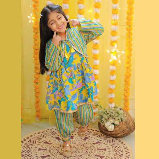 Girls Yellow & Blue Floral Printed Kurta With Afghani Pants & Jacket & Dupatta - Mitthu Kids Ethnic Wear