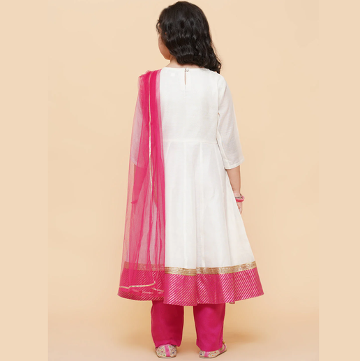 Girls White Embroidered Anarkali Kurta With Trouser & With Dupatta - Mitthu Kids Ethnic Wear