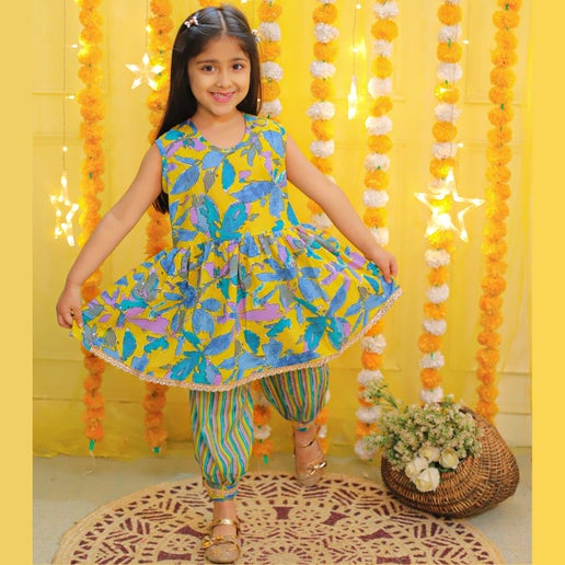 Girls Yellow & Blue Floral Printed Kurta With Afghani Pants & Jacket & Dupatta - Mitthu Kids Ethnic Wear