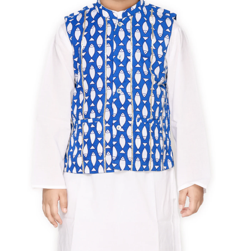 Boy's Fish Printed Cotton Jacket with Kurta & Pyjamas - Blue & White - Mitthu Kids Ethnic Wear