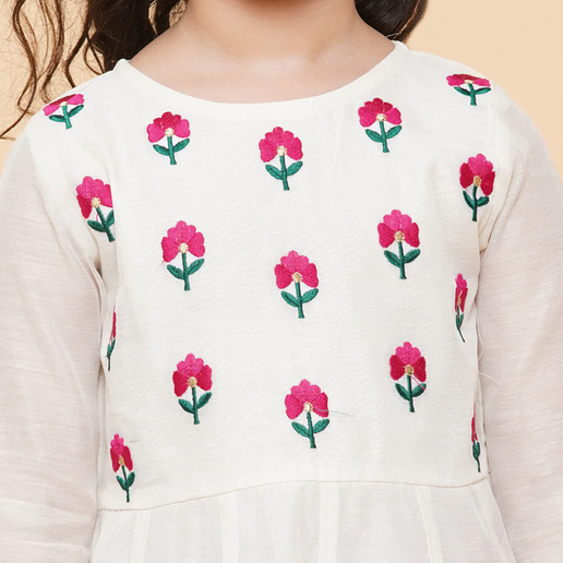 Girls White Embroidered Anarkali Kurta With Trouser & With Dupatta - Mitthu Kids Ethnic Wear