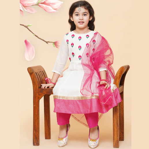 Girls White Embroidered Anarkali Kurta With Trouser & With Dupatta - Mitthu Kids Ethnic Wear