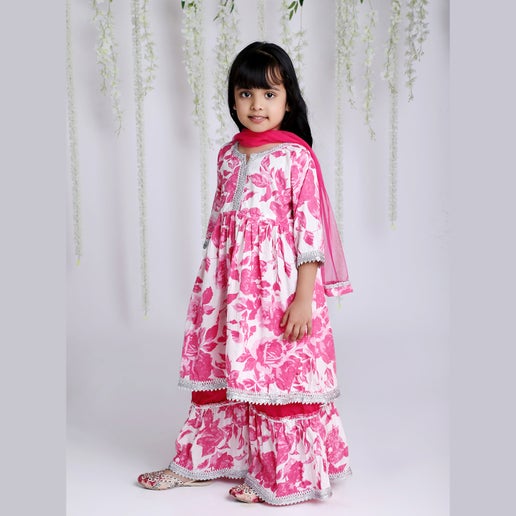Rose Pink Printed Sharara Set with Dupatta - Mitthu Kids Ethnic Wear