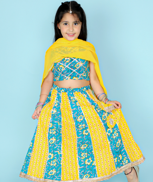 Jaipuri Print Gotta Work Yellow & Blue Lehenga Choli & Dupatta - Mitthu Kids Ethnic Wear