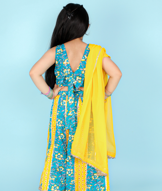 Jaipuri Print Gotta Work Yellow & Blue Lehenga Choli & Dupatta - Mitthu Kids Ethnic Wear
