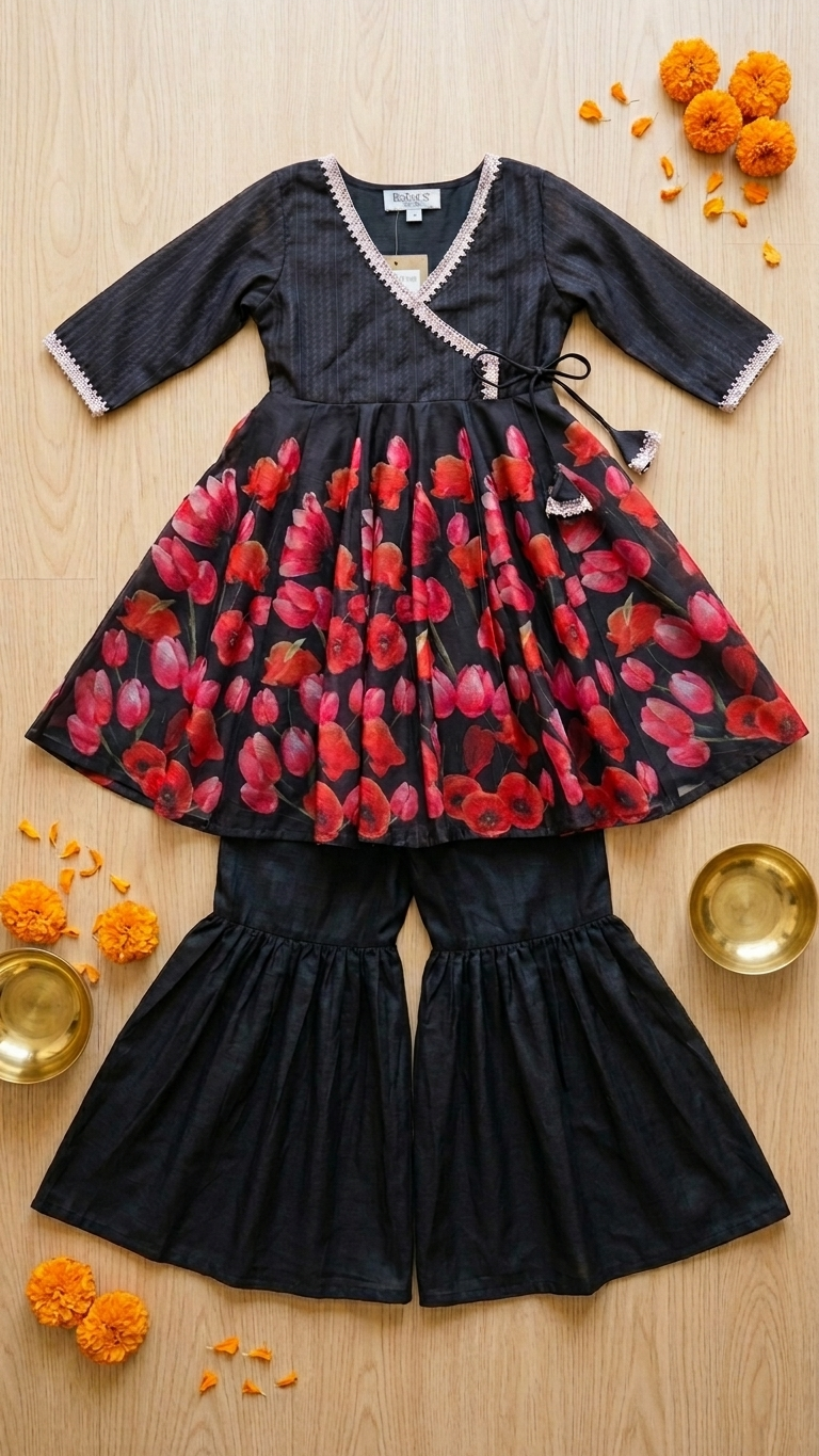 Girls Floral Sharara Kameez - Black & Red - Mitthu Kids Ethnic Wear